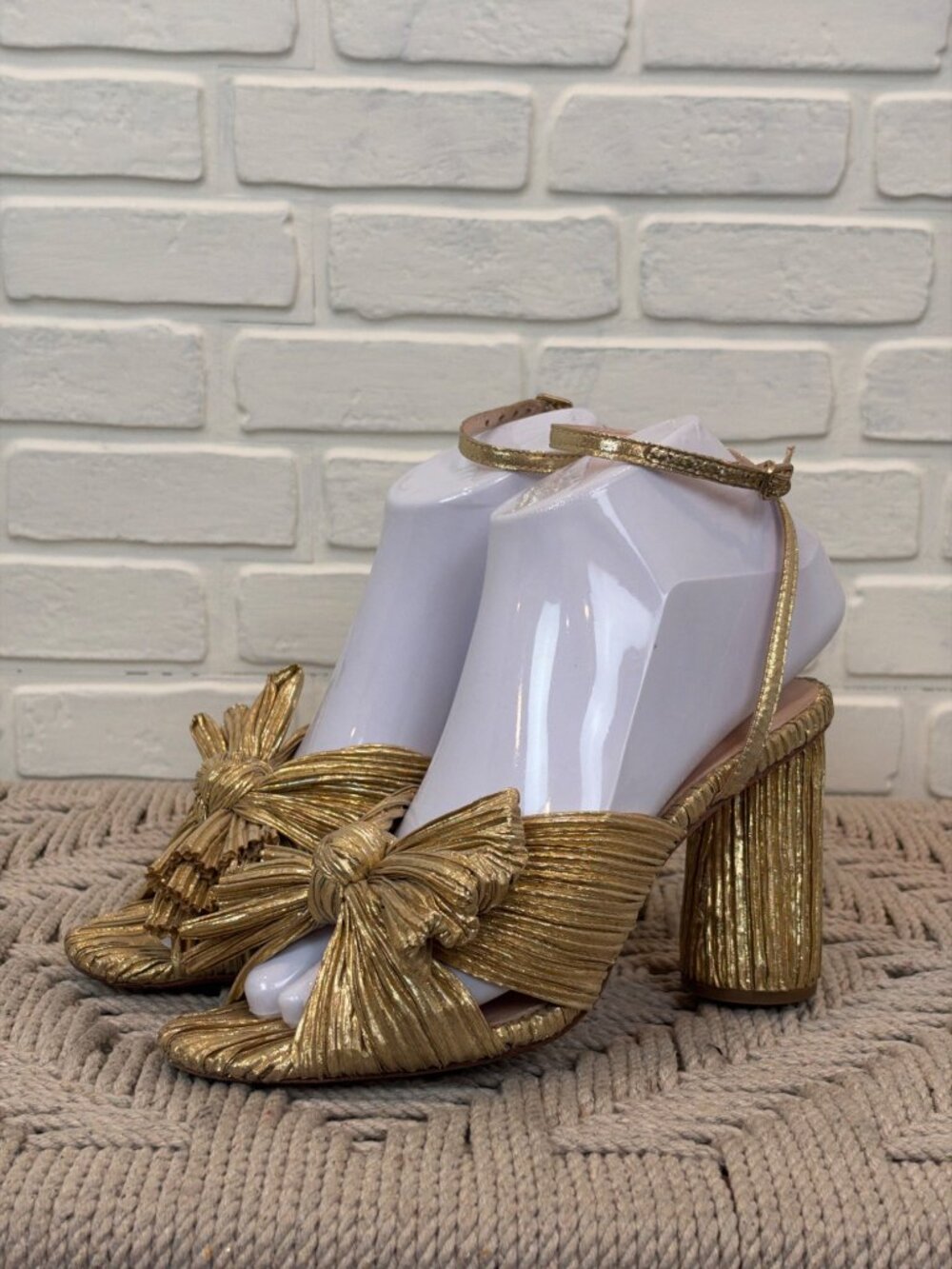 Loeffler Randall Camellia Gold Plissé Bow Block Heel Sandals 6